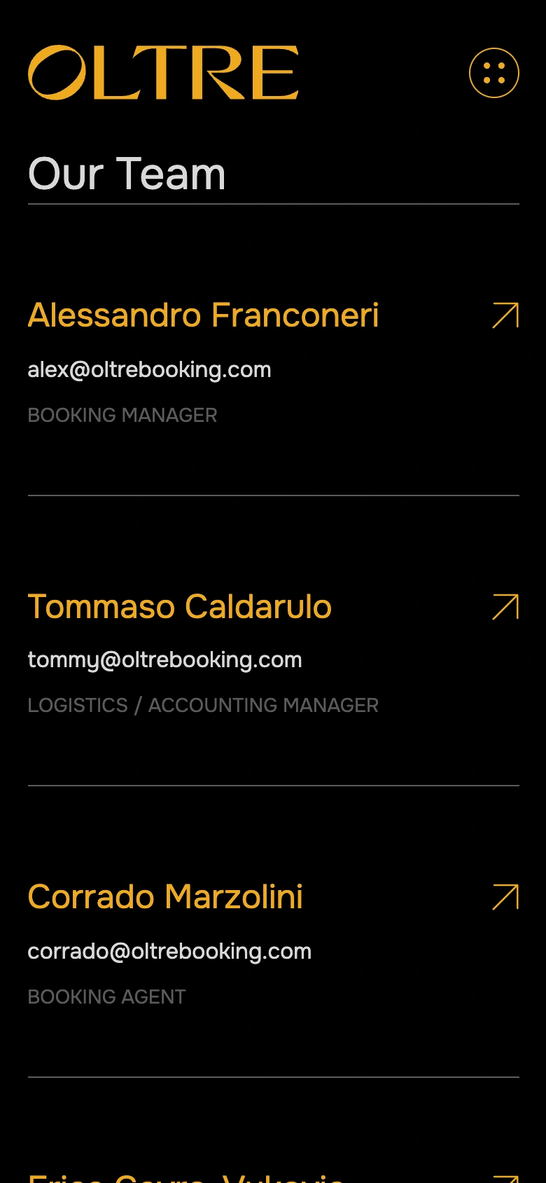 Oltrebooking mobile — Team directory with roles and contacts