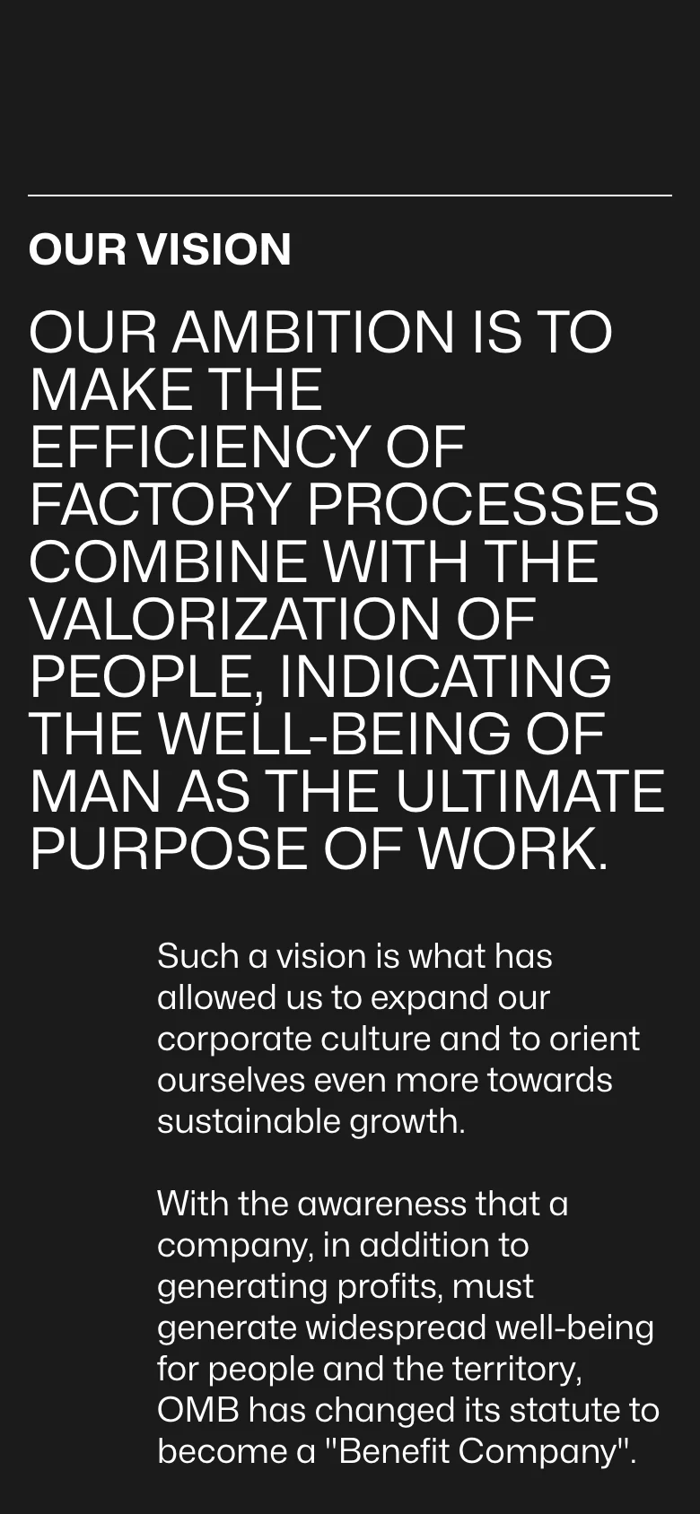 OMB Saleri mobile in dark mode — company vision and Benefit Company statement