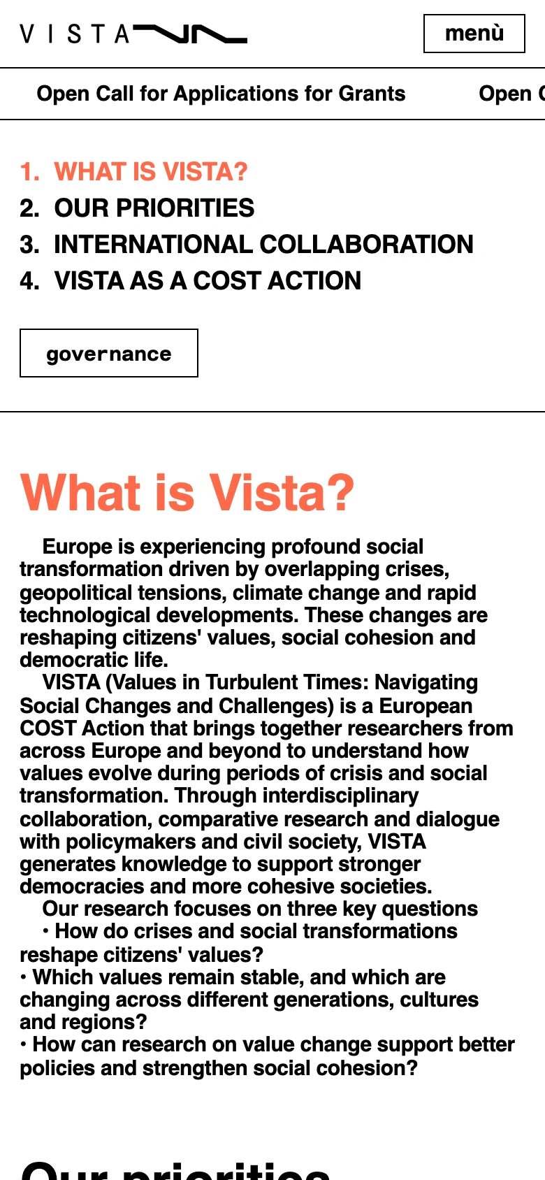 VISTA mobile — About page with research questions and priorities