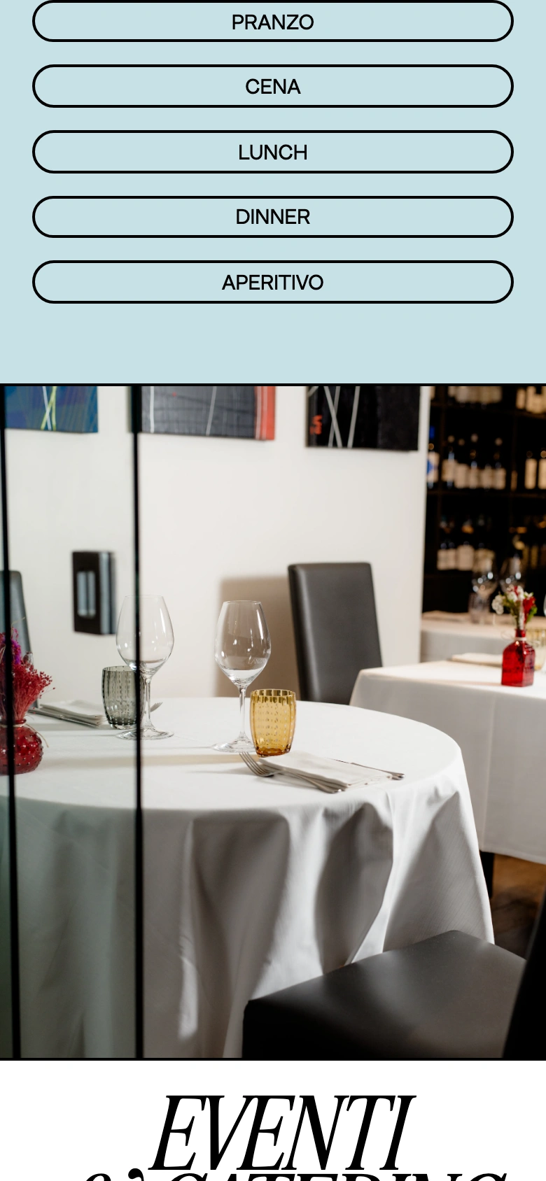 Gastronomia Lanzani mobile — menu pills over the dining room photo
