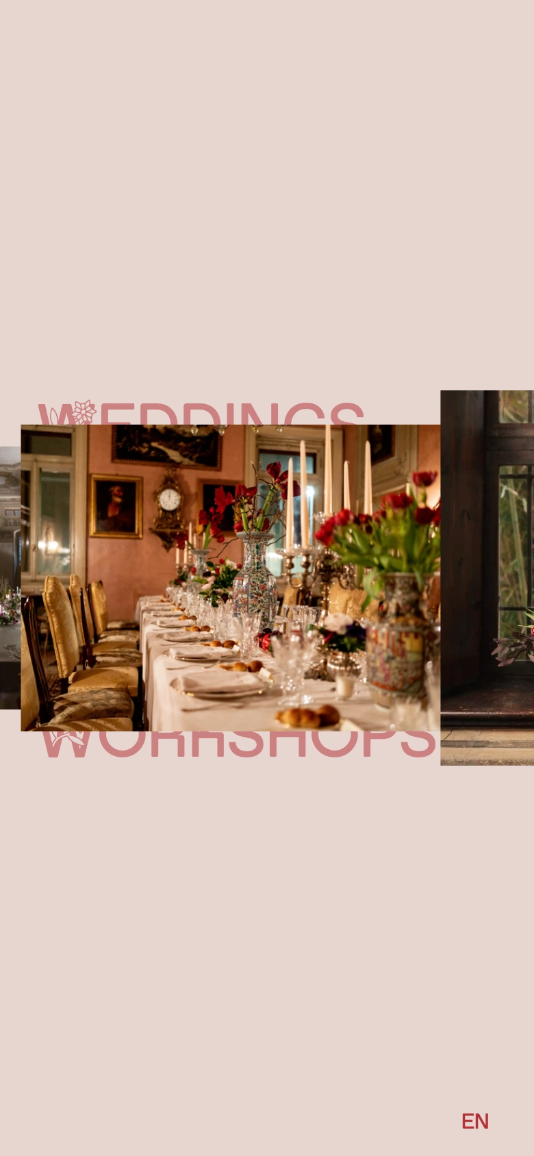 Blœm mobile — dinner and door plates over the WEDDINGS and WORKSHOPS ghost type