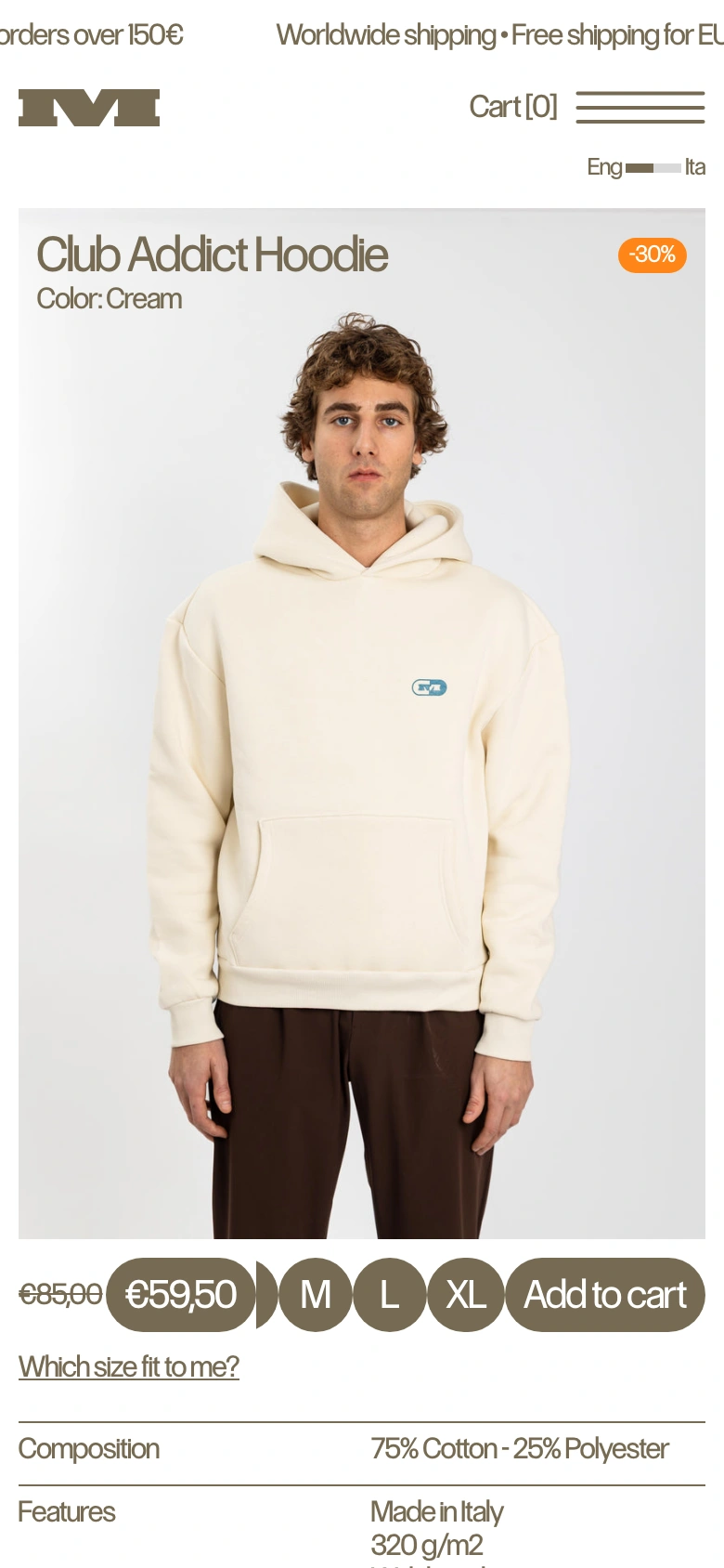 Momento Golf mobile — Club Addict Hoodie page with size picker and add to cart