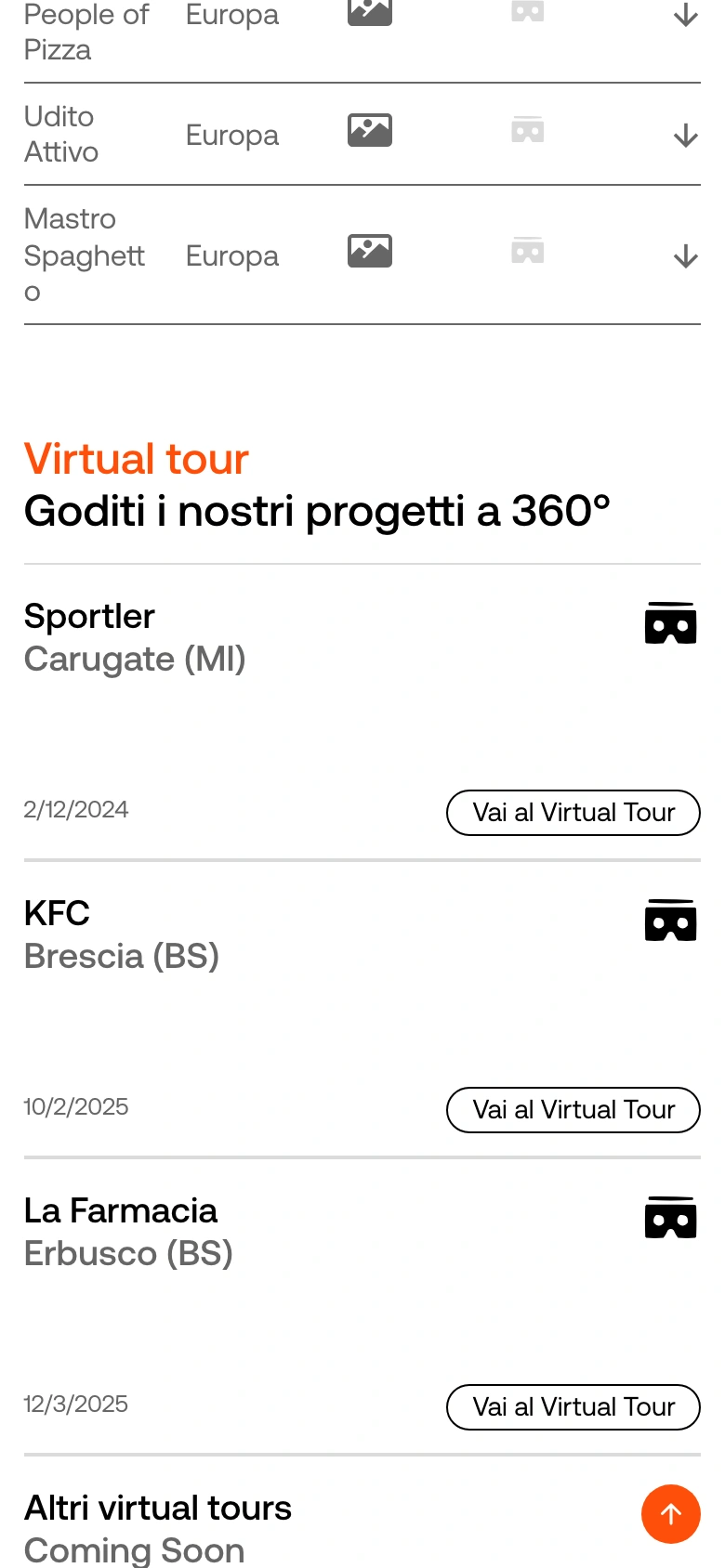 Pasolini mobile — client ledger rows and virtual tour cards