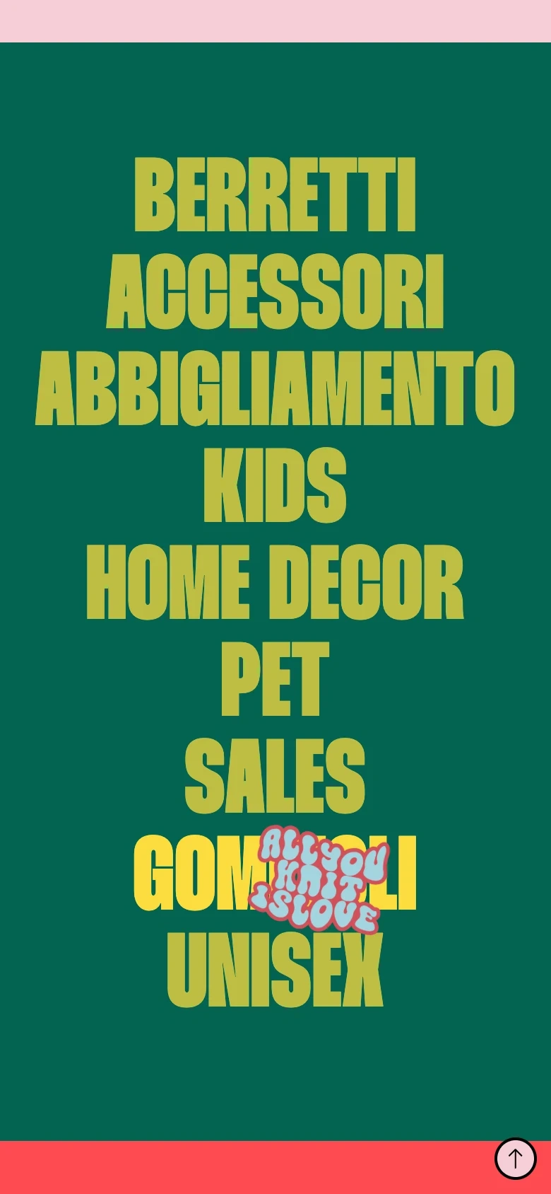 Laura Baresi mobile — yellow category menu on green with the Gomitoli hover illustration