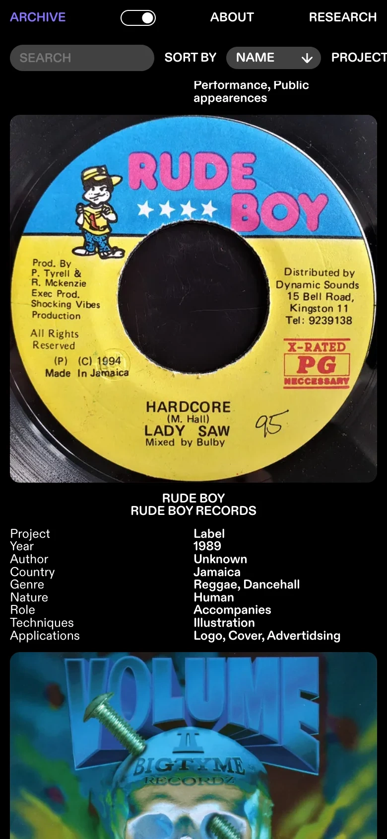 Music Mascots Archive mobile in dark mode — Rude Boy Records label with its credit ledger